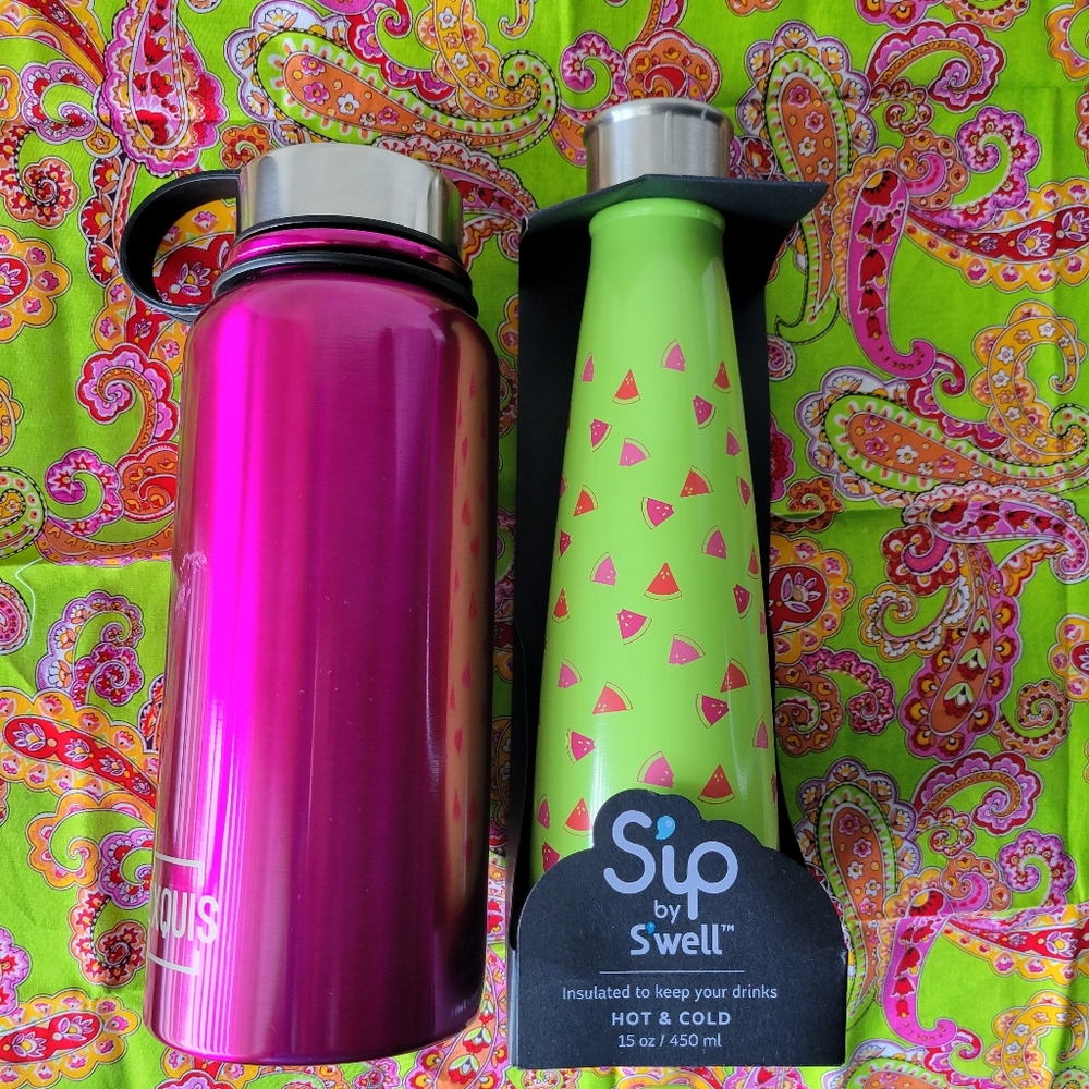 2 NWT Metal H20 Bottles ~ Sip by Swell 15oz & Exquis 32 oz ~ Pretty Pink & Green